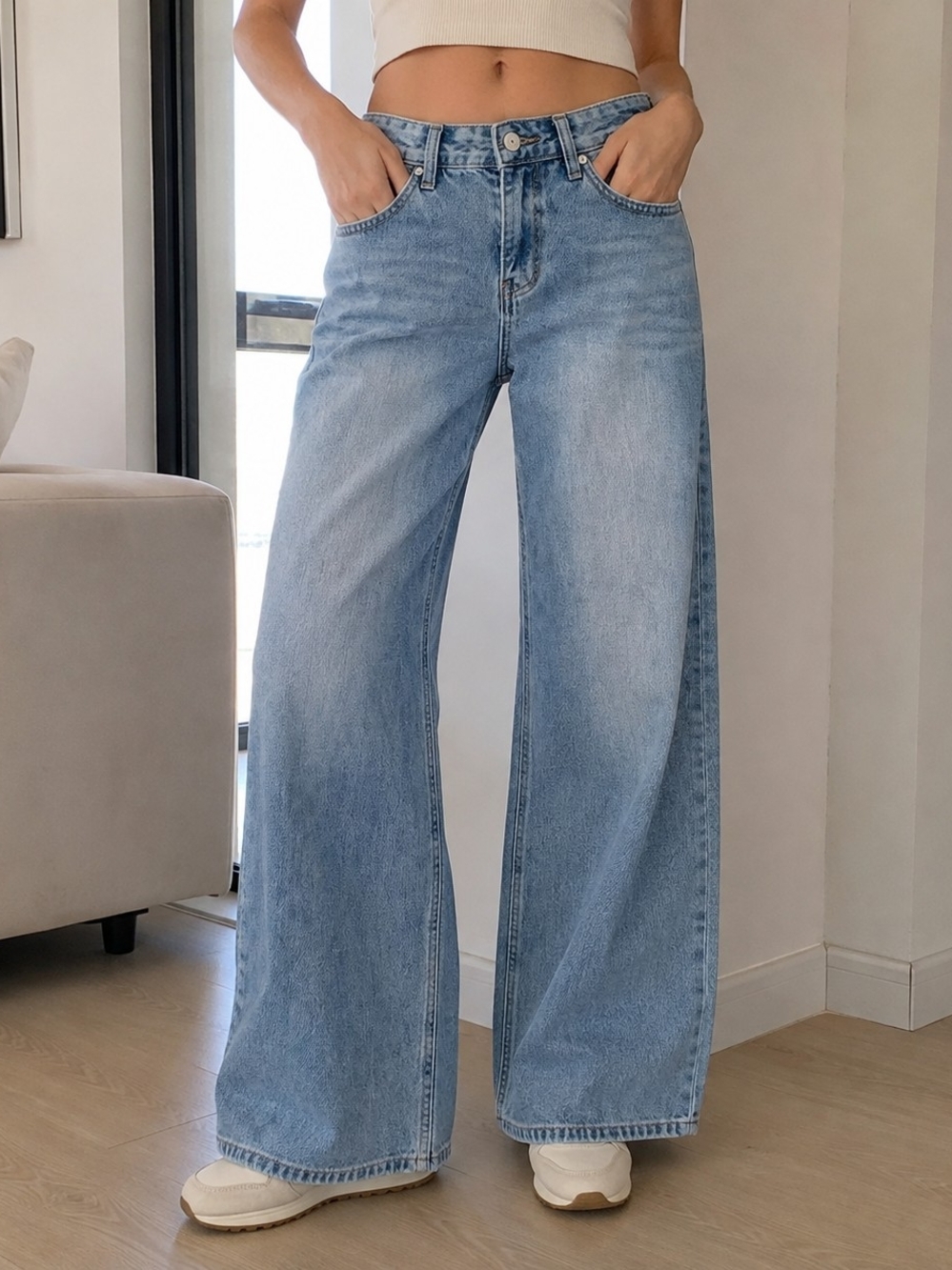 HDLTE Womens Medium Light Wash High Rise Wide Leg Baggy Jeans Y2K Denim